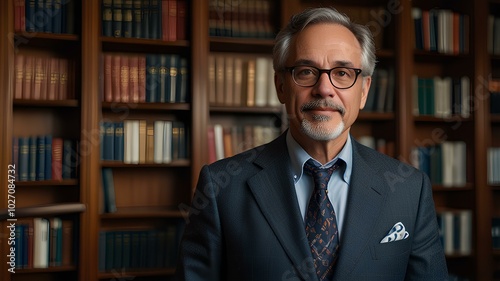 A distinguished professor in a suit stands proudly in front of a large bookshelf stuffed with academic books.