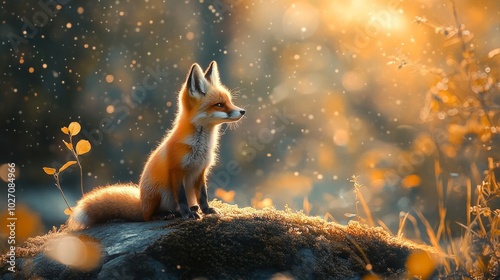 A curious fox sitting quietly in a sunlit forest at dusk