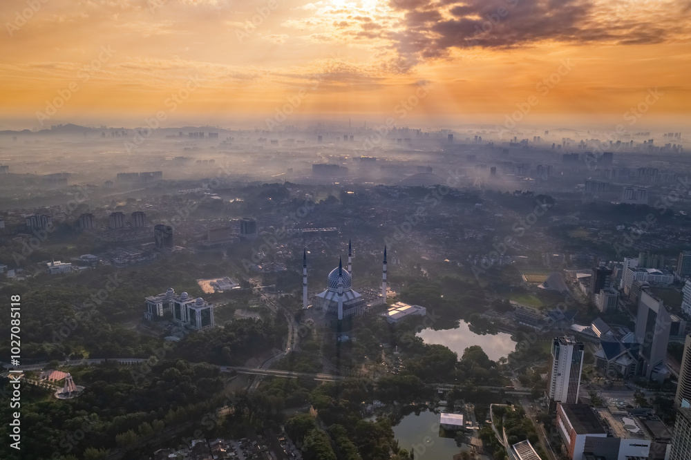 view of beautiful scenery Sultan Salahuddin Abdul Aziz Shah Mosque during sunrise view of beautiful scenery Sultan Salahuddin Abdul Aziz Shah Mosque during sunrise