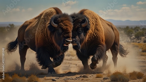 a powerful bison engaged in a fierce battle. Their massive horns clash as they push against each other. Dust swirls around them, obscuring the scene in a cloud of brown haze. photo