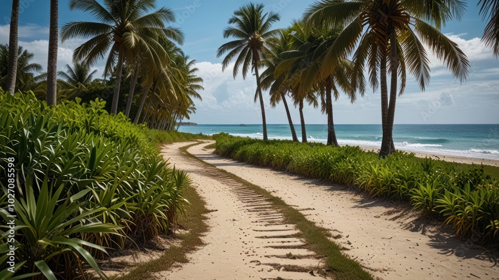 A sandy path winds through a tropical paradise with tall palm trees on either side, leading to a beautiful turquoise ocean and a white sandy beach under a clear blue sky. A sandy path winds through a tropical paradise with tall palm trees on either side, leading to a beautiful turquoise ocean and a white sandy beach under a clear blue sky.