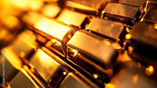 Close-up of shiny gold bars in abundance photo