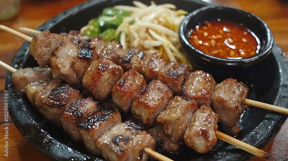Grilled skewers with sauce and vegetables Grilled skewers with sauce and vegetables