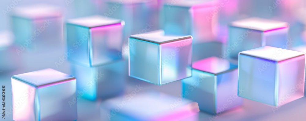 Iridescent cubes in a floating geometry showcase within a tech showroom Iridescent cubes in a floating geometry showcase within a tech showroom