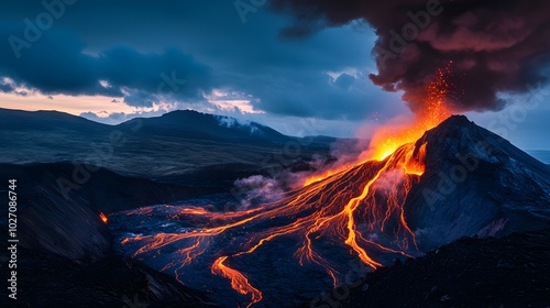 7. A volcanic eruption with lava flowing down the mountainside, ash clouds rising high into the sky, and glowing magma