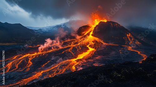 7. A volcanic eruption with lava flowing down the mountainside, ash clouds rising high into the sky, and glowing magma