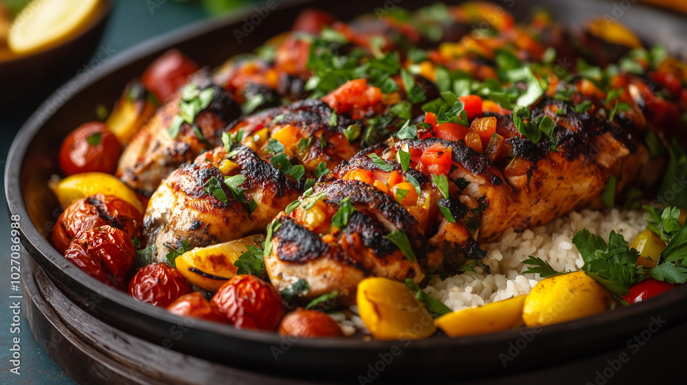 Grilled chicken with herbs, tomatoes, and lemon served over rice in ceramic dish Grilled chicken with herbs, tomatoes, and lemon served over rice in ceramic dish