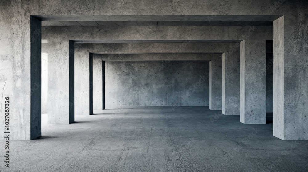 Fototapeta premium Empty Concrete Hallway Grey Walls Ceiling Supports Spacious Ambiance