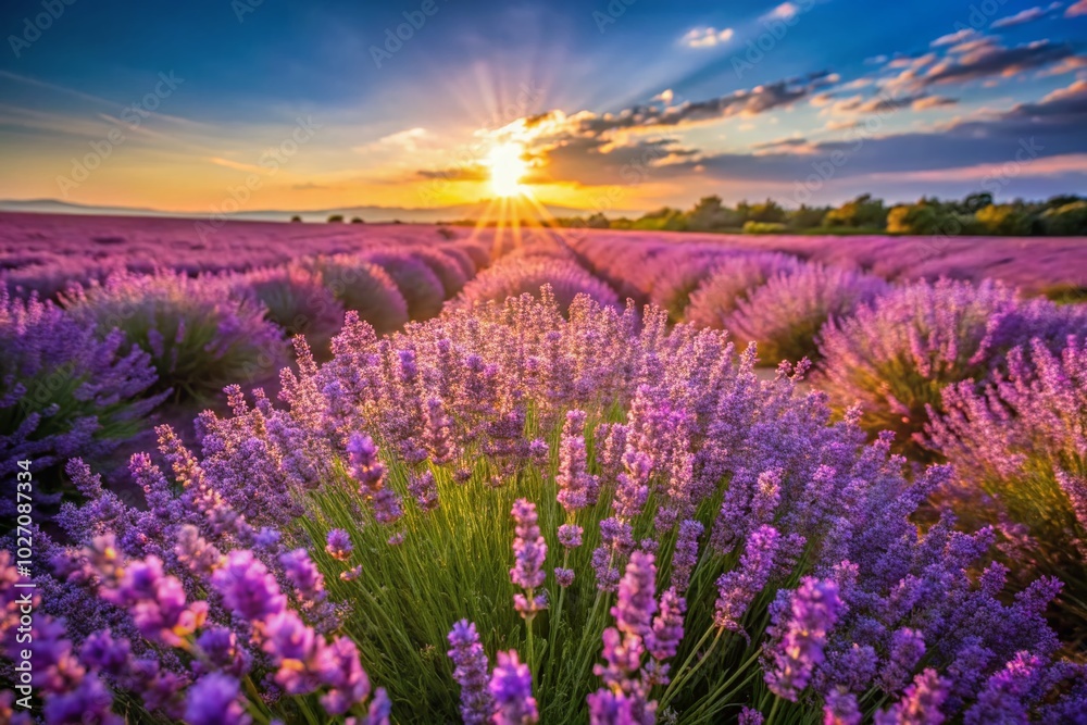 Fototapeta premium Vibrant Purple Lavender Field in Full Bloom – Nature's Beauty Captured in High Depth of Field