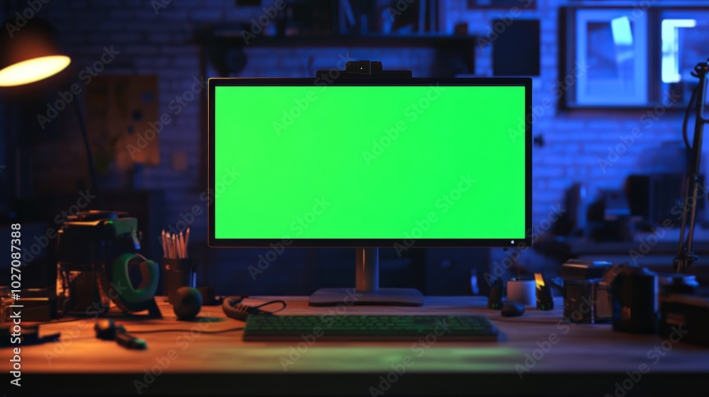 Ergonomic Workspace with Green Screen Monitor Ergonomic Workspace with Green Screen Monitor