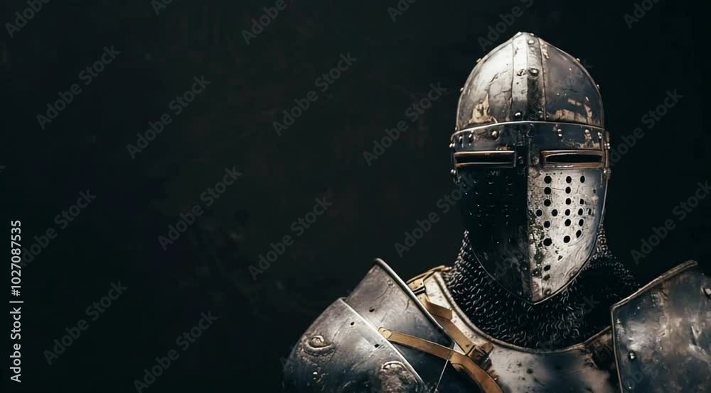 Scene of a medieval warrior standing on dark background, Camera slow motion with different angles Scene of a medieval warrior standing on dark background, Camera slow motion with different angles