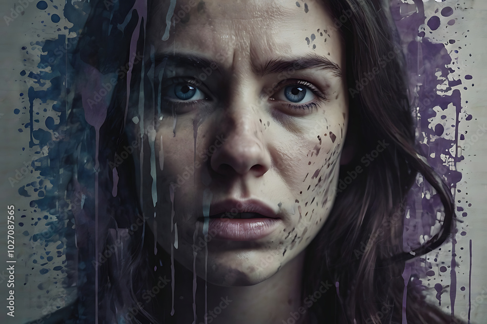 A woman's face splinters into layered expressions of mental illness, blending with muted watercolor patterns, symbolizing internal conflict. A woman's face splinters into layered expressions of mental illness, blending with muted watercolor patterns, symbolizing internal conflict.