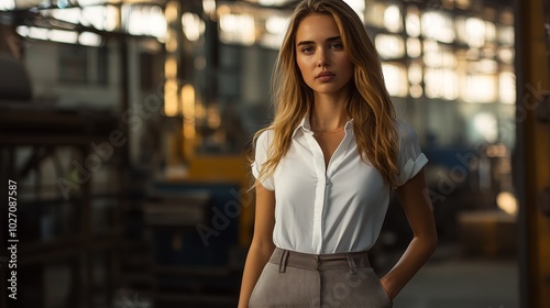 Young woman in casual attire posing in an industrial warehouse setting