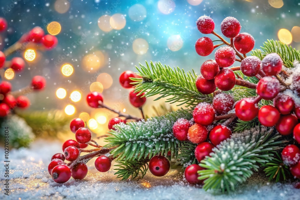 Vibrant Red Berries and Pine Branches with Snow Against a Sparkling Christmas Bokeh Background Vibrant Red Berries and Pine Branches with Snow Against a Sparkling Christmas Bokeh Background