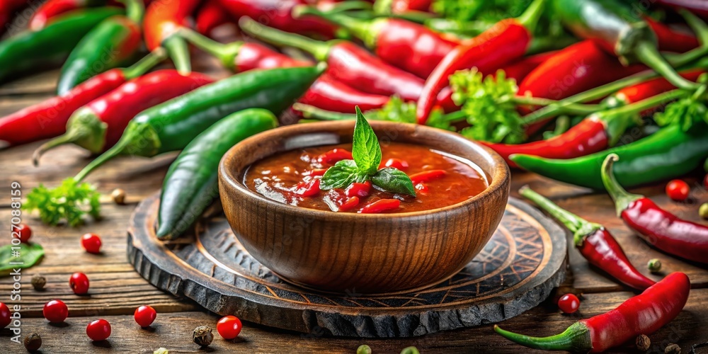 Vibrant Red Chili Sauce with Fresh Chilies in a Tilt-Shift Style Vibrant Red Chili Sauce with Fresh Chilies in a Tilt-Shift Style