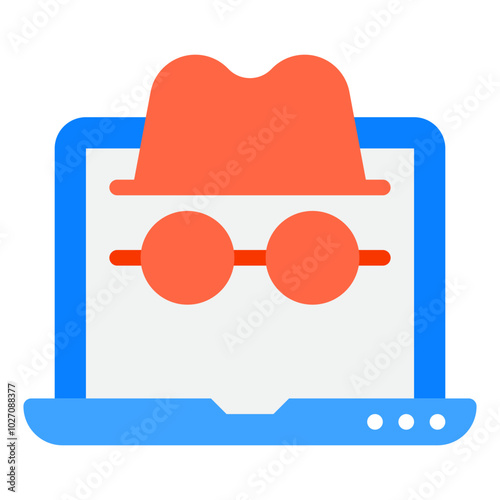 This illustration showcases a laptop displaying a playful representation of digital identity with glasses and a hat. photo