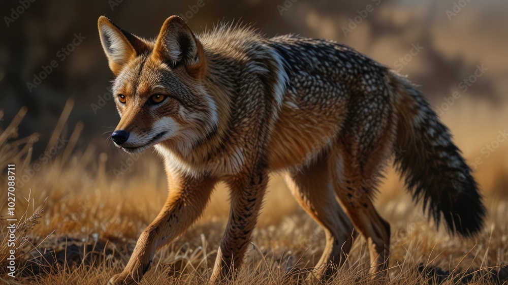 a golden jackal standing tall in a field bathed in warm sunlight. Its reddish-brown fur shimmers in the light, and its pointed ears and alert eyes convey a sense of curiosity and intelligence. a golden jackal standing tall in a field bathed in warm sunlight. Its reddish-brown fur shimmers in the light, and its pointed ears and alert eyes convey a sense of curiosity and intelligence.