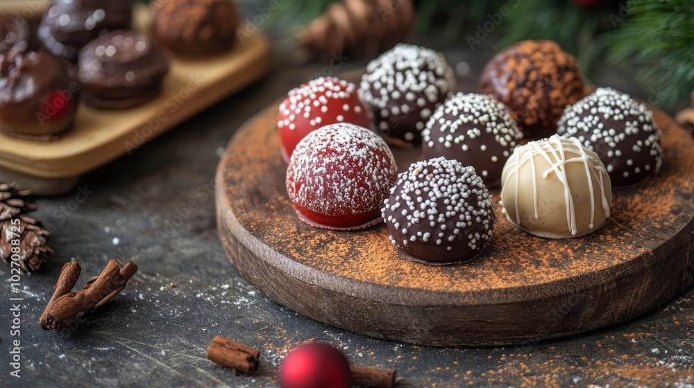 Delicious assorted chocolate truffles arranged on a wooden platter Delicious assorted chocolate truffles arranged on a wooden platter