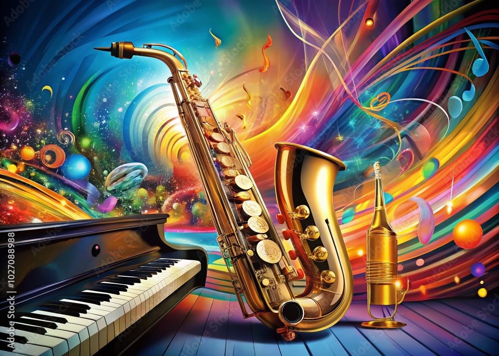 Naklejka premium Vibrant Saxophone and Piano in Colorful Abstract Music Composition for Arts and Culture Enthusiasts