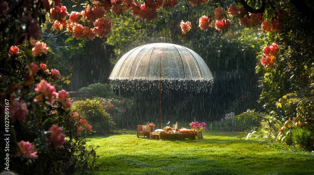 Graden Decor For Raining Charming garden with a glass dome under rain surrounded by beautiful ...