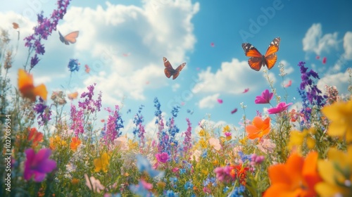 Bright butterflies fluttering above colorful flowers in a sunny field, creating a joyful and vibrant atmosphere in nature.