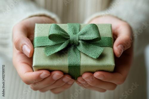 Hands holding a green gift box with a bow on a white background