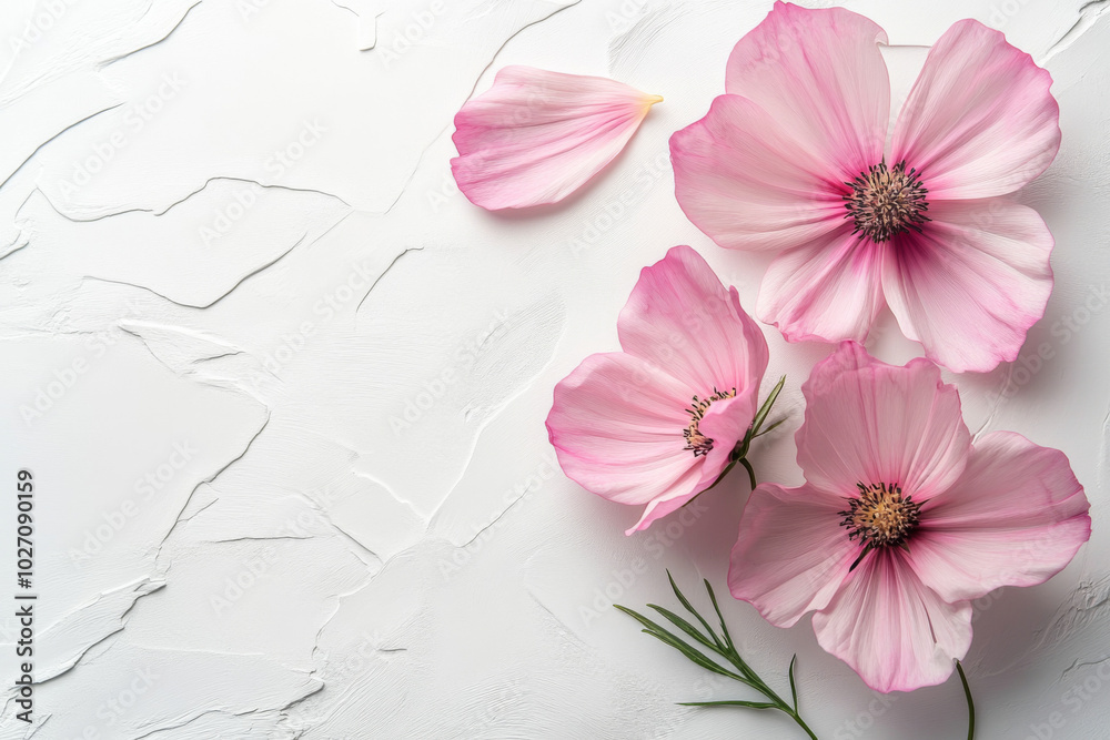 Delicate pink cosmos flowers on a simple white background evoke tranquility Delicate pink cosmos flowers on a simple white background evoke tranquility