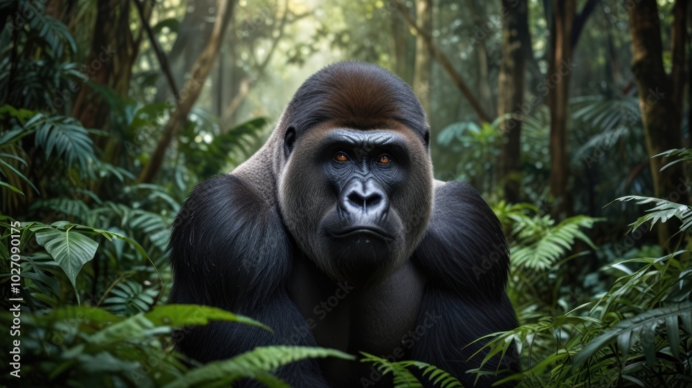 a gorilla in the dappled sunlight in the forest. The forest brings heavy in the air, creating a serene and ethereal atmosphere.