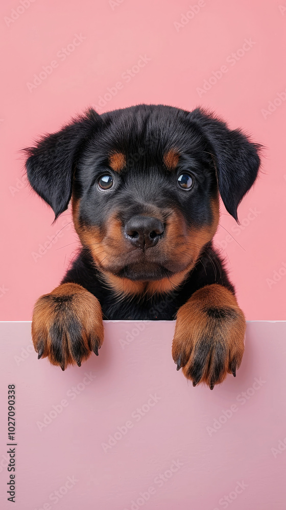 Rottweiler puppy dog peeking out from the edge of a blank billboard with his paws on the bottom edge and his head facing forward on a cute and adorable pastel background Rottweiler puppy dog peeking out from the edge of a blank billboard with his paws on the bottom edge and his head facing forward on a cute and adorable pastel background
