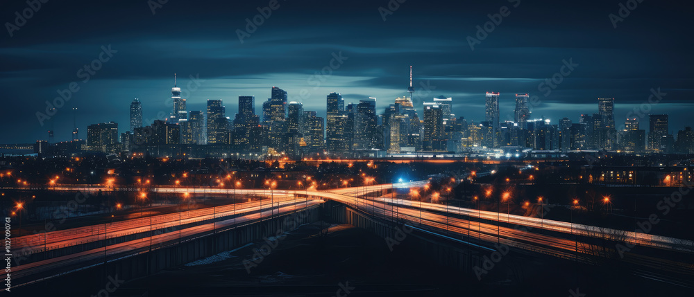 Fototapeta premium Metropolitan Twilight: City Lights and Traffic Streams
