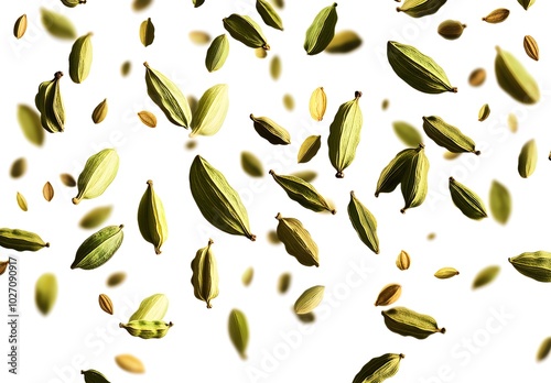 Green Cardamom Pods Falling on White Background