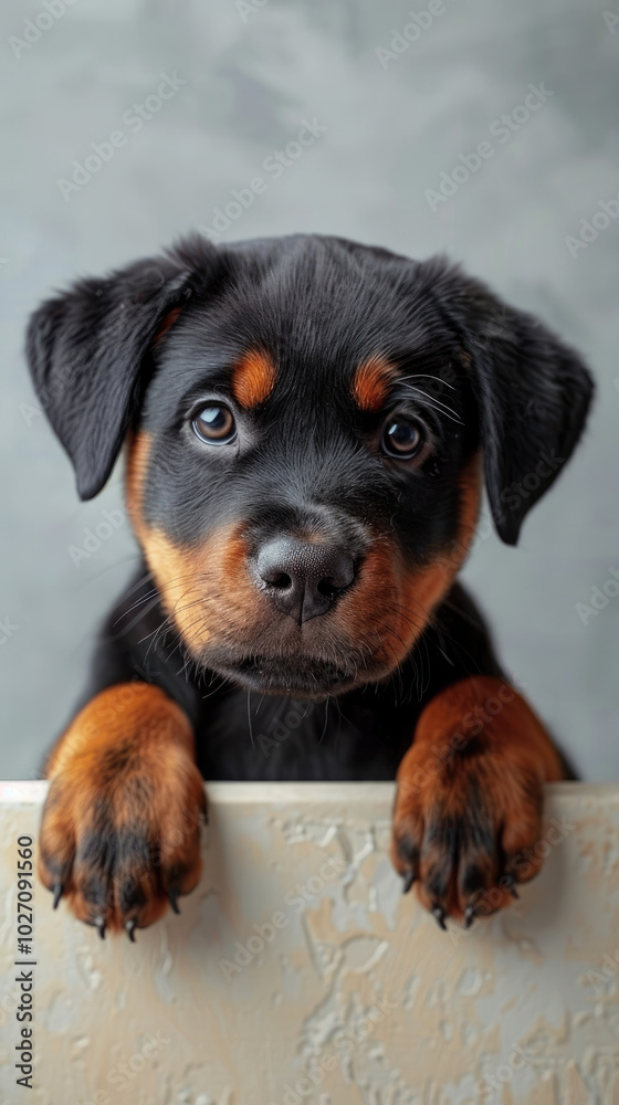 Obraz premium Rottweiler puppy dog peeking out from the edge of a blank billboard with his paws on the bottom edge and his head facing forward on a cute and adorable pastel background