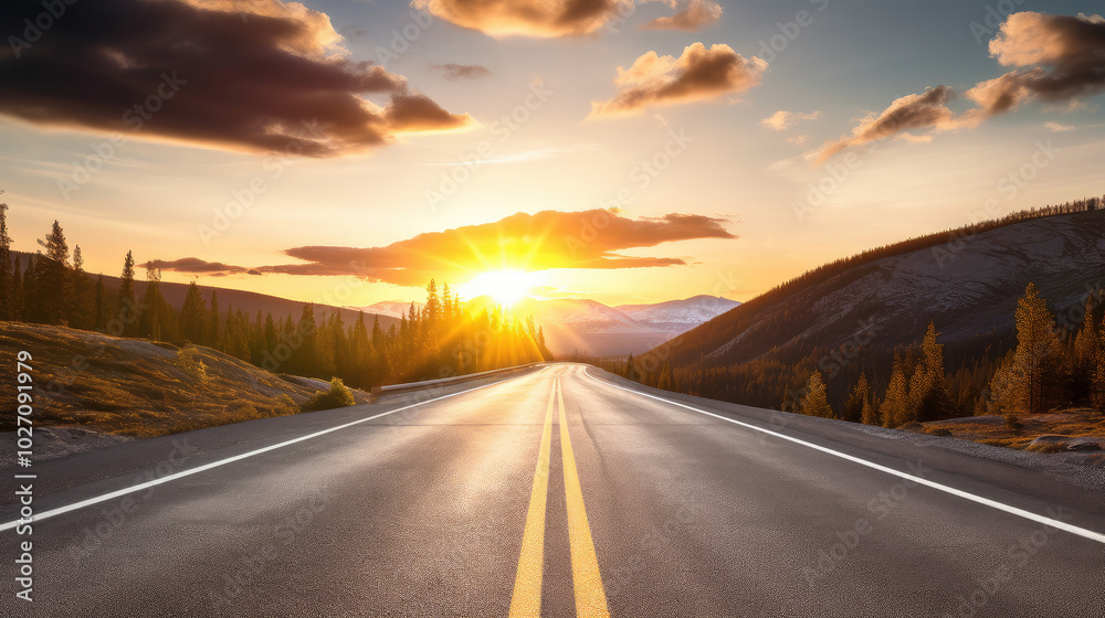 Naklejka premium Journey into the Sunset - Scenic Road Adventure