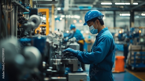 Worker in blue uniform assembles machinery in industrial workshop