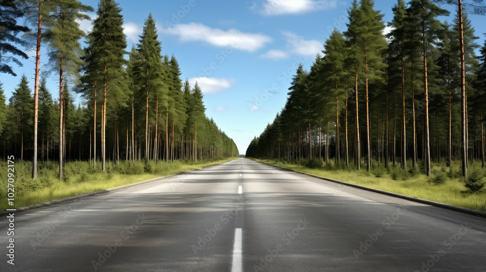 Fototapeta premium Serene Highway Through Lush Pine Forest