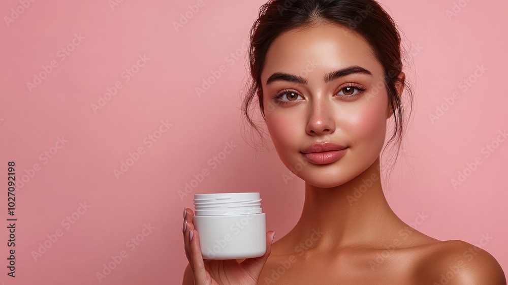 Asian woman holding skincare jar with copy space Asian woman holding skincare jar with copy space