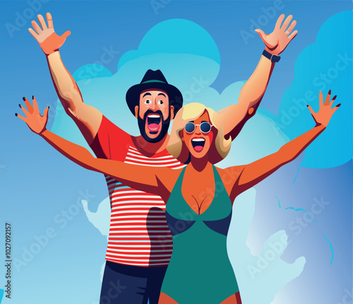 Happy couple raising arms enjoying summer vacation