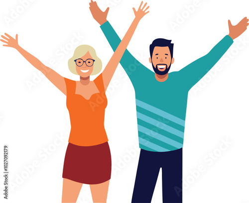 Happy couple raising arms celebrating with enthusiasm