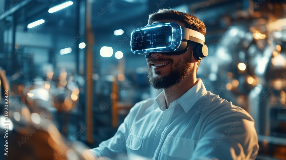 Enthusiastic man exploring virtual reality in a modern tech setting Enthusiastic man exploring virtual reality in a modern tech setting