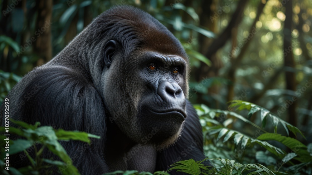 a gorilla in the dappled sunlight in the forest. The forest brings heavy in the air, creating a serene and ethereal atmosphere. a gorilla in the dappled sunlight in the forest. The forest brings heavy in the air, creating a serene and ethereal atmosphere.