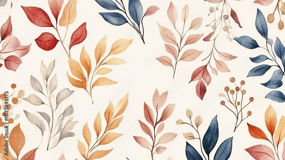 Seamless watercolor pattern with autumn leaves and country motifs. Hand-painted rustic design featuring a variety of fall foliage in warm shades, perfect for seasonal decorations and textile designs. Seamless watercolor pattern with autumn leaves and country motifs. Hand-painted rustic design featuring a variety of fall foliage in warm shades, perfect for seasonal decorations and textile designs.