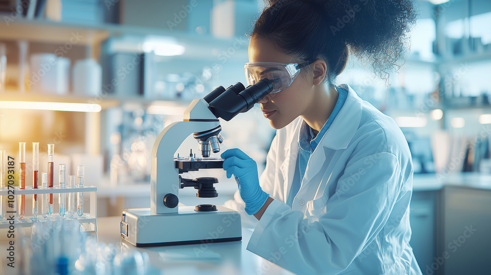 A female scientist carefully analyzes samples using a microscope in a modern laboratory. This image captures the essence of scientific research and dedication to discovery. A female scientist carefully analyzes samples using a microscope in a modern laboratory. This image captures the essence of scientific research and dedication to discovery.