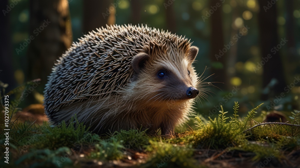 a hedgehog standing in a sun-dappled forest. Its spiny coat glistens in the warm light, and its small, beady eyes peer out from beneath its curled-up body.