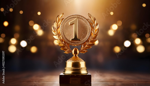 Winner trophy Gold award. Number 1 medal vector victory banner