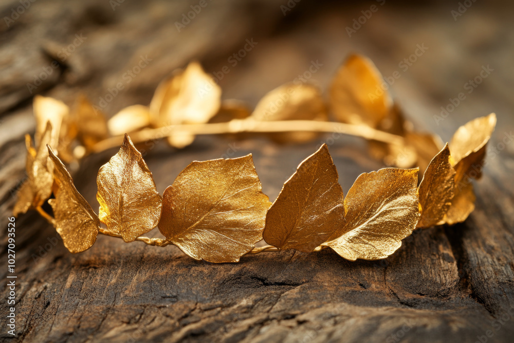 Elegant golden leaf crown on rustic wood with intricate details for decoration Elegant golden leaf crown on rustic wood with intricate details for decoration