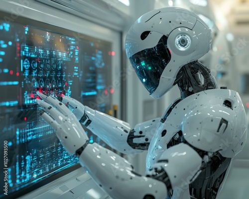 A humanoid robot wearing a white helmet operates a futuristic digital control panel.