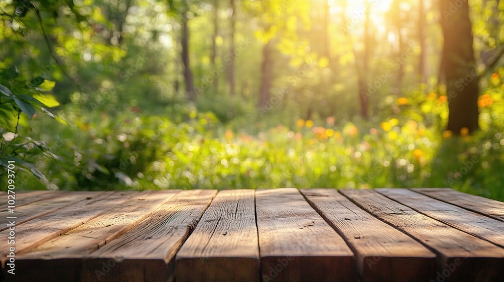 Sunlit Forest Background with Wooden Table Surface Sunlit Forest Background with Wooden Table Surface