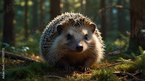 a hedgehog standing in a sun-dappled forest. Its spiny coat glistens in the warm light, and its small, beady eyes peer out from beneath its curled-up body.