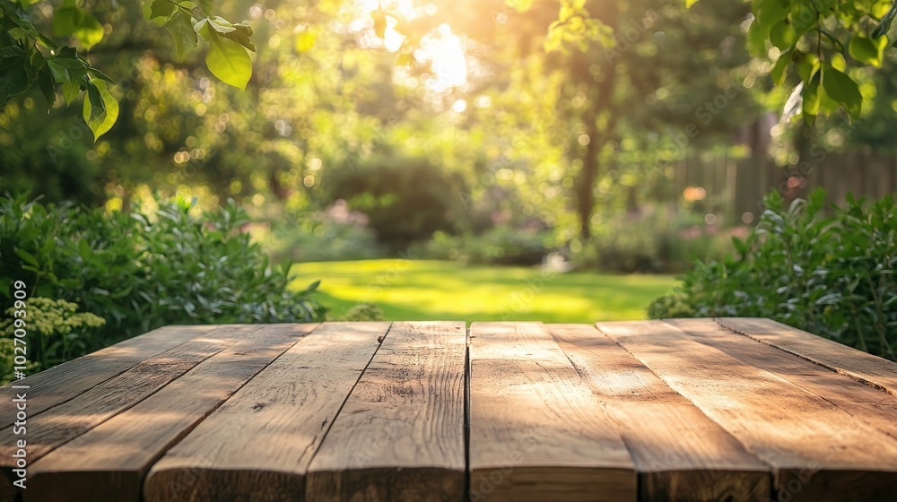 Serene Outdoor Scene with Sunlit Wooden Table