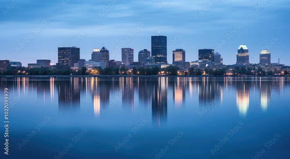 Serene City Skyline at Twilight Reflection Serene City Skyline at Twilight Reflection